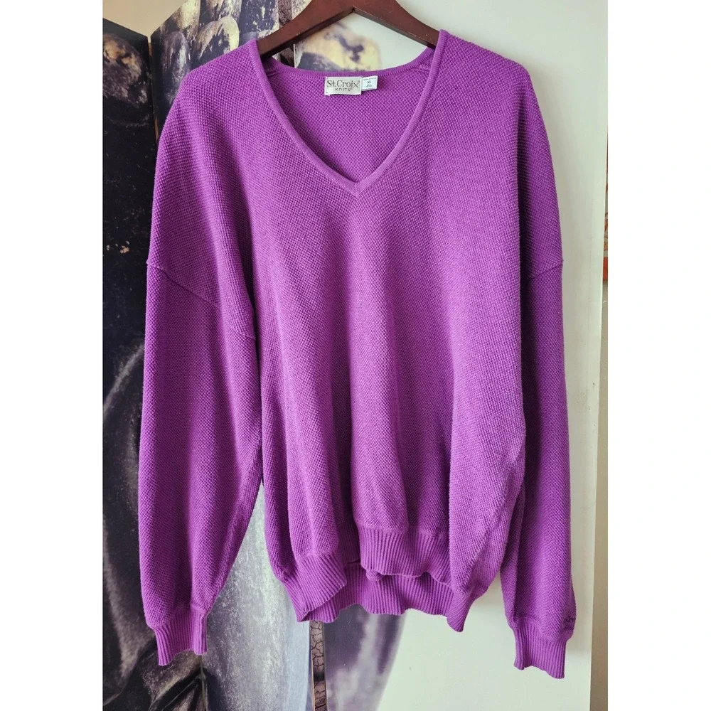 Vintage 90s‎ St Croix Sweater Mens XL Knit Purple V Neck Cotton Baggy Relaxed